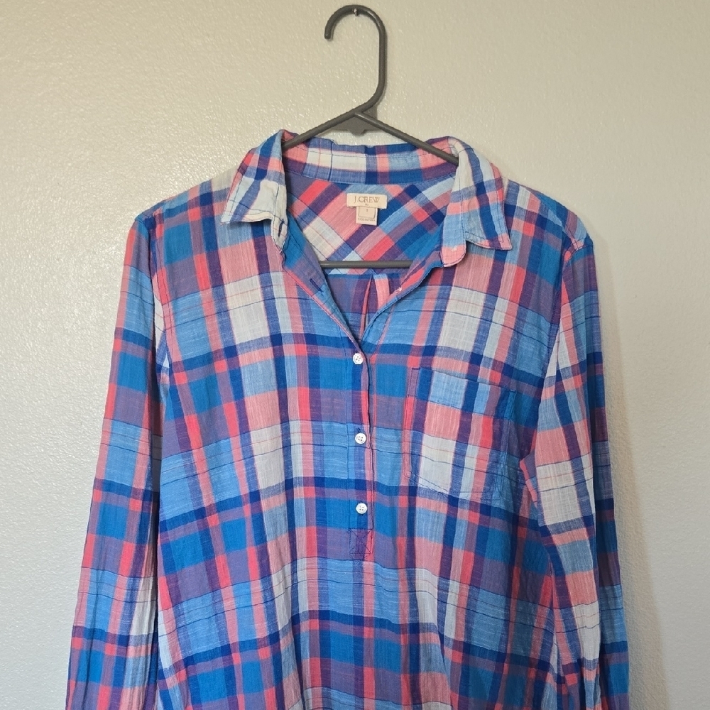 J. Crew | Blue & Pink Plaid Cotton Popover Long Sleeve Top Size Small